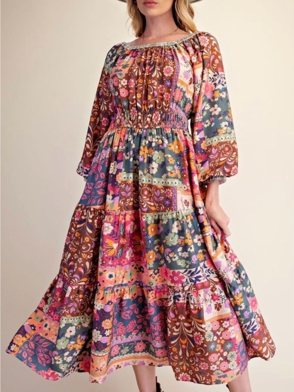 easel Multicolor Floral Patchwork Midi Dress - Pink, Brown, Blue